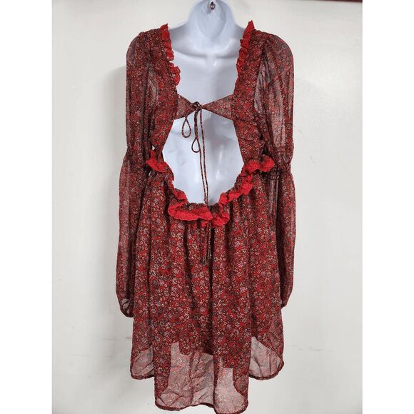 Free People Pennie Printed Babydoll Lace Ruffles Mini Dress S Cherry combo size - Picture 6 of 7